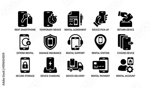 Smartphone rental service icons showing steps and options on white