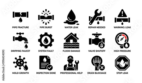 Plumbing leak and flood warning icons displayed on white background