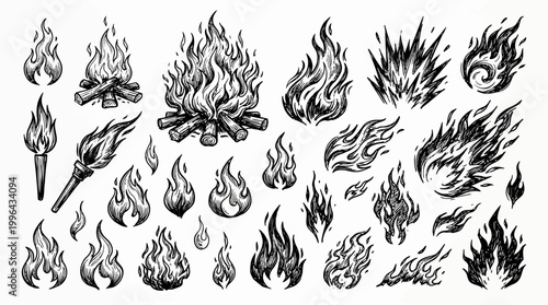 Hand-Drawn Black Ink Flame Illustrations Set – Minimalist Fire Sketch Collection