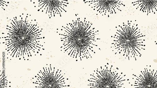 Abstract sunburst shapes creating a seamless black and beige geometric pattern. Bohemian geometric sunburst explosion pattern, seamless abstract boho design in neutral black and beige tones