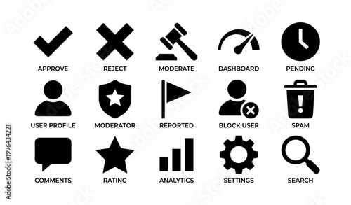 Moderation and user interface icons arranged on white background