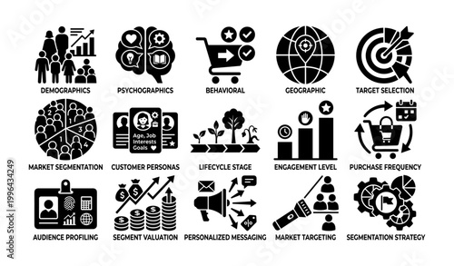 Market segmentation and targeting icons grouped in grid on white