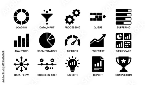 Data analytics icons arranged in grid on white background