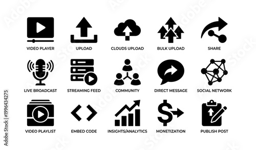 Media and sharing icons arranged in grid on white background