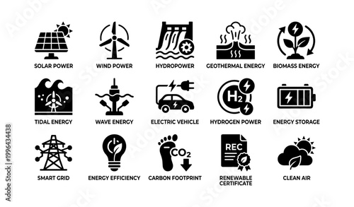 Renewable energy icons showing power types on white background