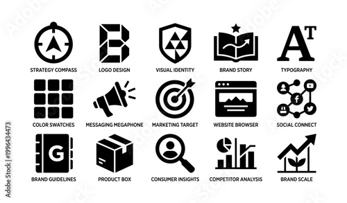 Branding icons representing identity and marketing concepts on white