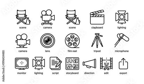 Film production icons showing equipment and crew tools