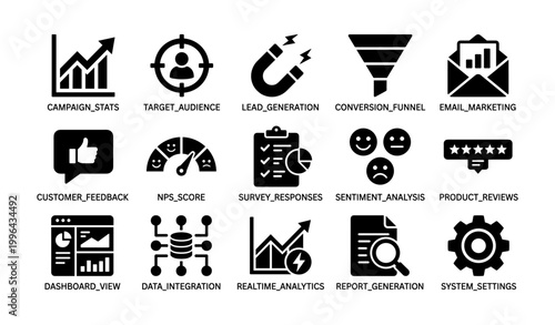 Marketing analytics and customer feedback icons arranged in grid