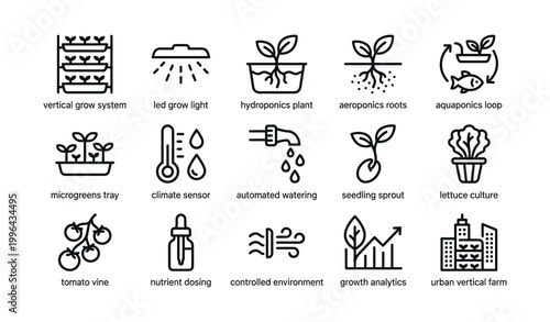 Indoor farming and hydroponics icons arranged in grid