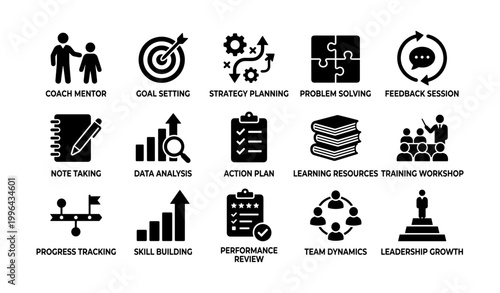 Coaching and training icons showing planning and learning tools