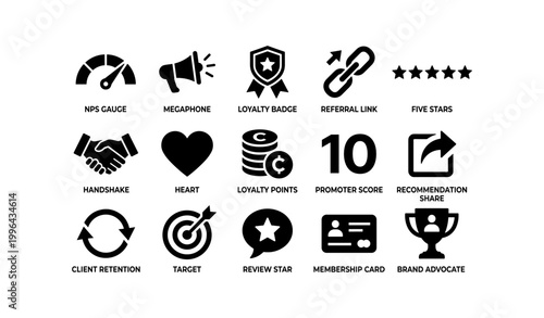 Loyalty and referral icons arranged in a grid on white background