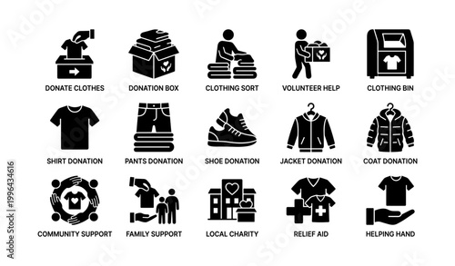 Clothing donation icons arranged in labeled grid on white background