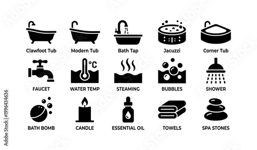 Bath and spa icons arranged in labeled grid on white background