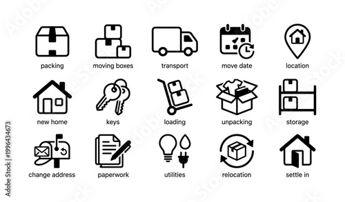Moving icons showing packing, transport and settling on white
