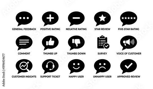 Customer feedback icons showing ratings, comments and surveys on white