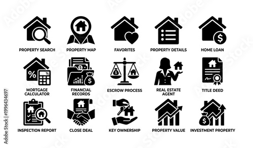 Real estate icons showing property and mortgage concepts on white