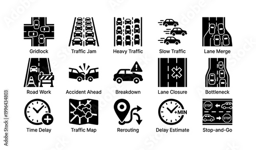 Traffic and road condition icons showing congestion and delays in grid