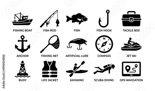 Fishing icons illustrating equipment and water recreation symbols