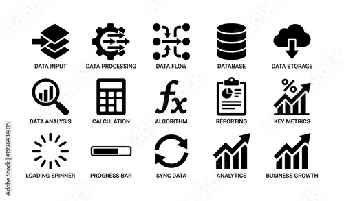 Data and analytics icons illustrating processing and storage