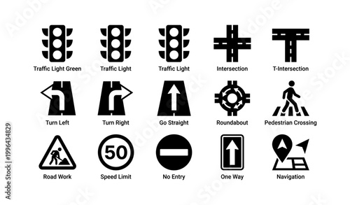 Traffic sign icons arranged in grid on white background