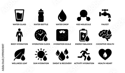 Water and hydration icons showing health and wellness symbols