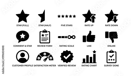 Rating and review icons arranged in grid on white background