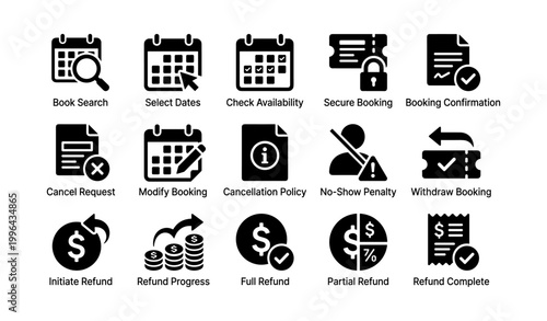 Booking and refund service icons displayed in grid on white background