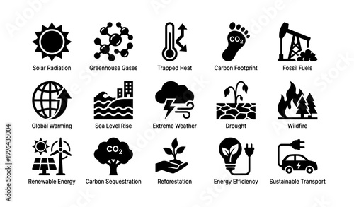 Climate and environmental icons arranged in grid on white background