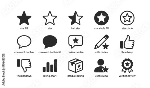 Rating and review icons arranged in rows on white background