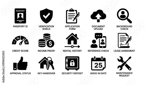 Rental application icons arranged in a three by five grid