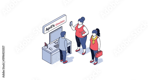 Isometric illustration of three people at a business reception desk.
