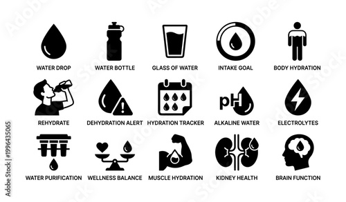 Hydration and water icons arranged in a three by four grid