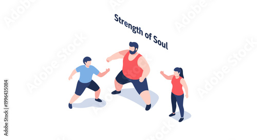 Isometric illustration of three people demonstrating strength and determination.