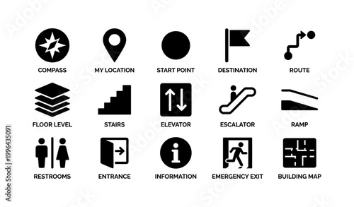 Wayfinding icons showing navigation symbols on white background