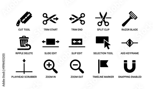 Video editing tool icons displayed in grid on white background