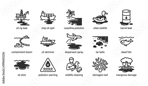 Oil spill and marine pollution icons showing response symbols