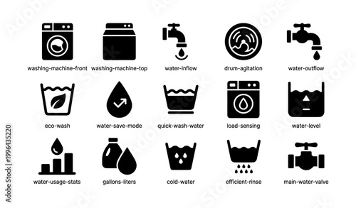 Washing machine and water icons depicting wash settings on white
