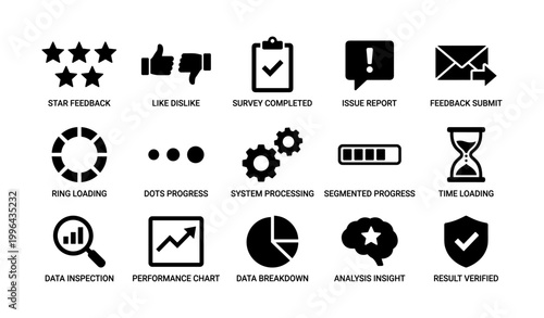 Feedback icons showing ratings and progress symbols on white