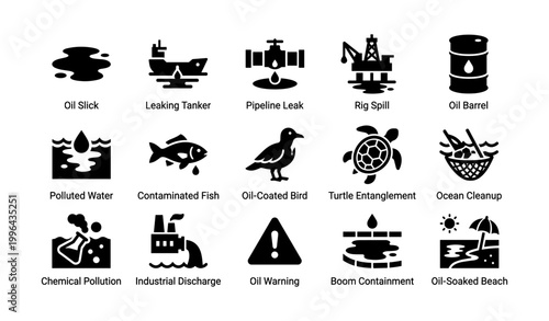 Oil pollution icons showing spills and wildlife impact symbols
