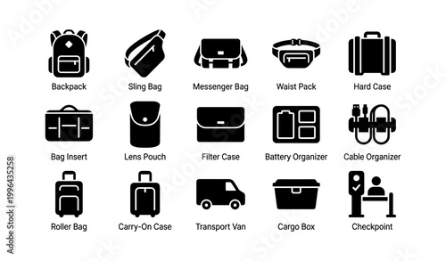 Photography bags and transport icons displayed in grid layout
