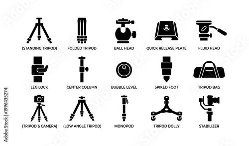 Tripod and camera support icons laid out on white background