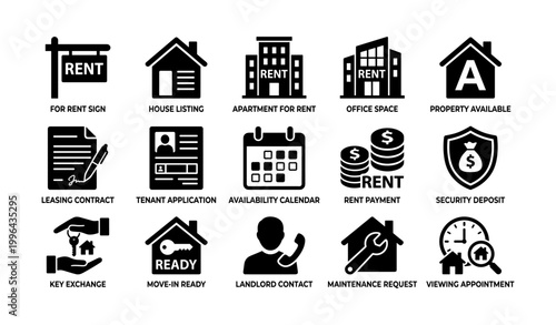 Rental icons depicting leasing process and tenant services on white