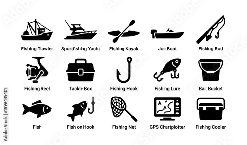 Fishing equipment and boat icons arranged in labeled grid
