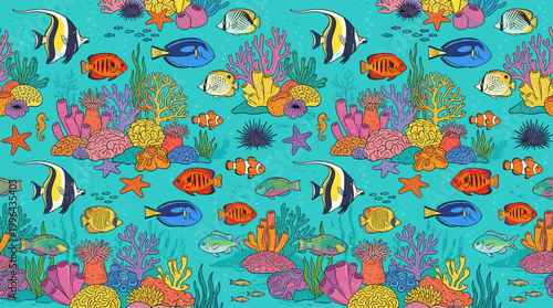 Underwater scene featuring colorful fish and coral reef ocean digital art vibrant environment aerial view marine life