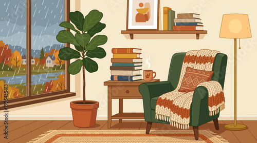 Cozy reading nook with books and greenery rainy day interior digital illustration warm atmosphere