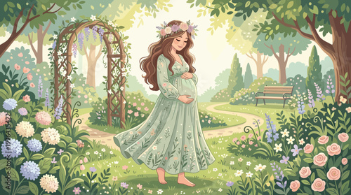 Celebrating motherhood expecting mother in lush garden illustrative artwork serene environment whimsical view