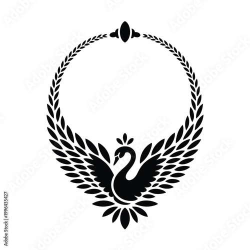 swan motif wreath with decorative leaves on white background