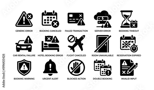 Collection of booking and error icons arranged in grid