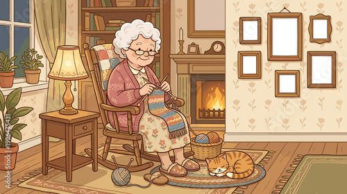 Cozy knitting session living room illustration warm environment front view relaxing concept