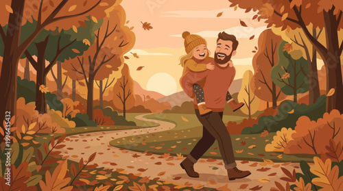 Father and daughter enjoying autumn walk scenic park illustration nature warm colors joyful moments